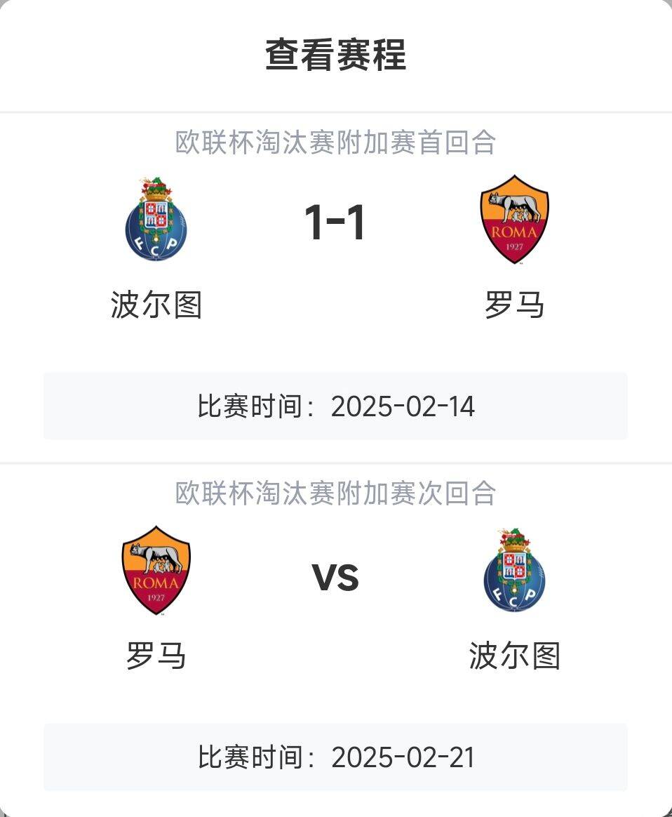  羅馬頂?shù)米幔恳饧讱W戰(zhàn)8隊3隊直通4隊出局，羅馬首回合1-1波爾圖