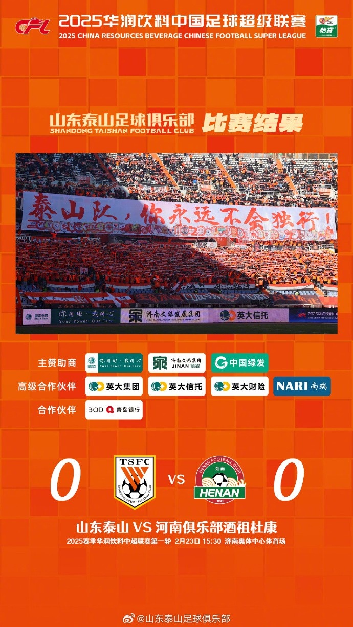  中超首戰(zhàn)，泰山隊(duì)雖未取勝，但全隊(duì)展現(xiàn)出了頑強(qiáng)的拼搏精神