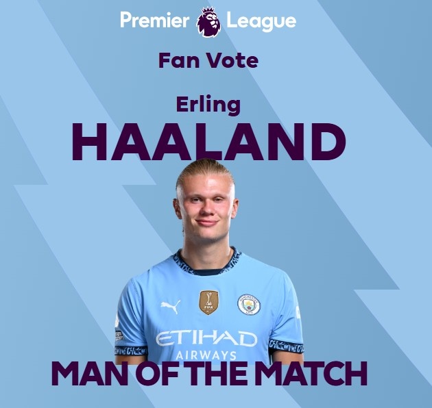  打進致勝球！英超官方：哈蘭德當(dāng)選曼城1-0熱刺全場最佳球員