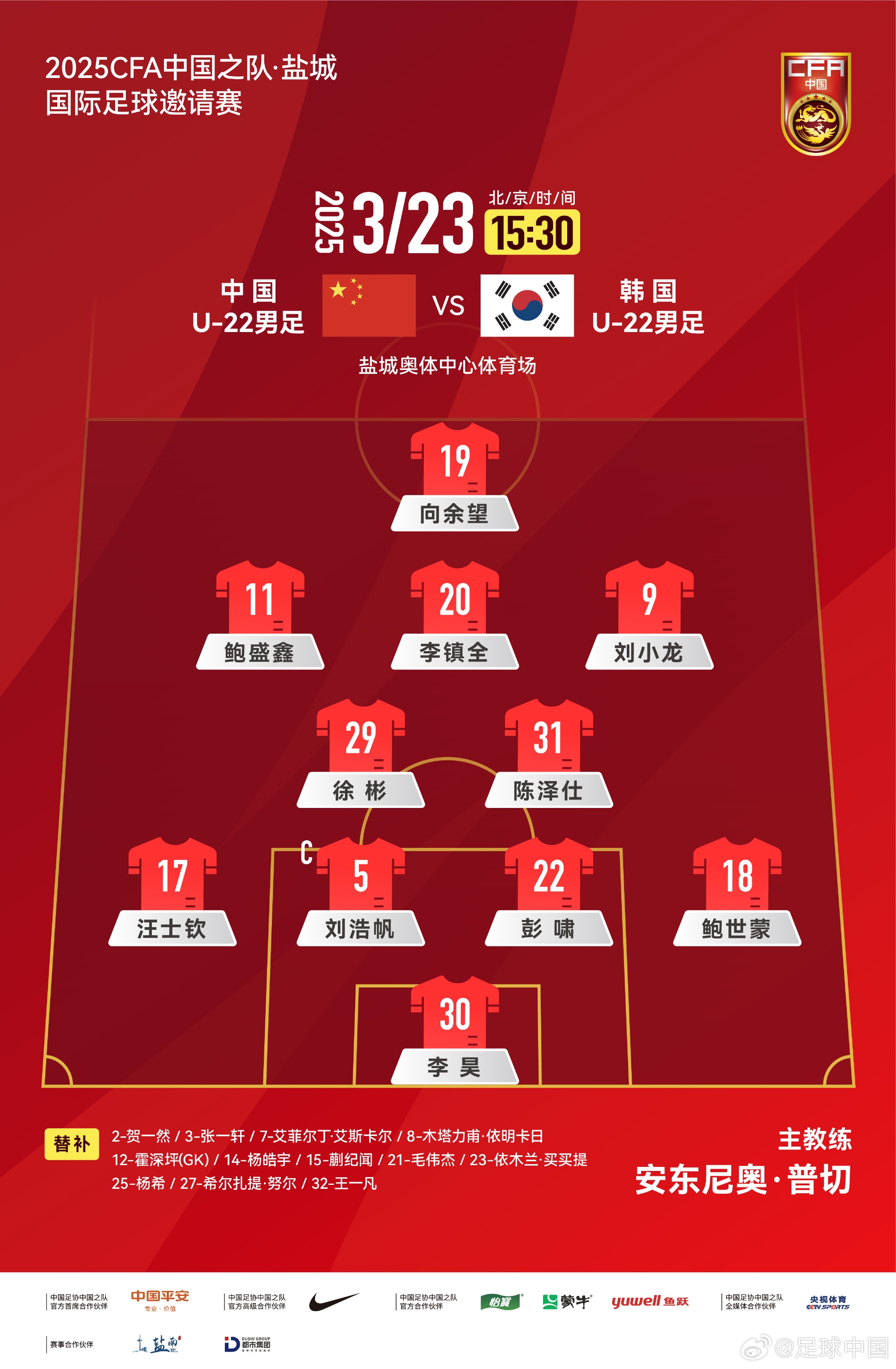  鹽城四國賽，中國U-22男足對(duì)陣韓國U-22男足，中國隊(duì)首發(fā)陣容